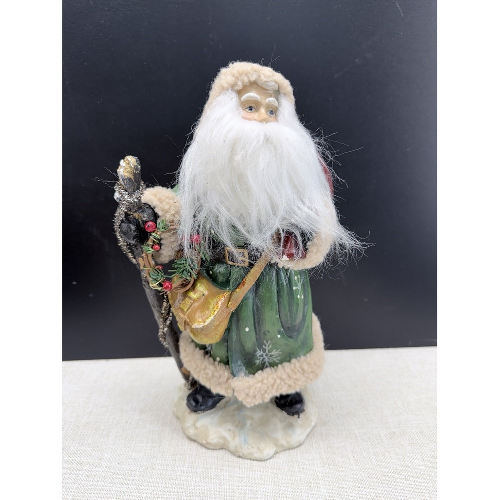 Vintage Santa Claus Figurine Green Coat Christmas Rustic Holiday Decor‎